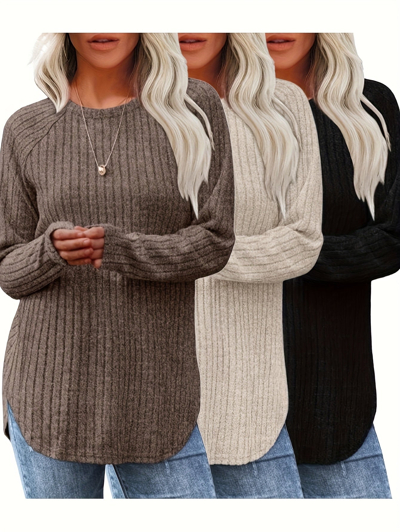 3pcs Women's Casual Loose-Fit Round Neck Long Sleeve Sweaters - Solid Color Machine Washable All-Season Tops in Brown/Beige/Black, Cute Sweaters
