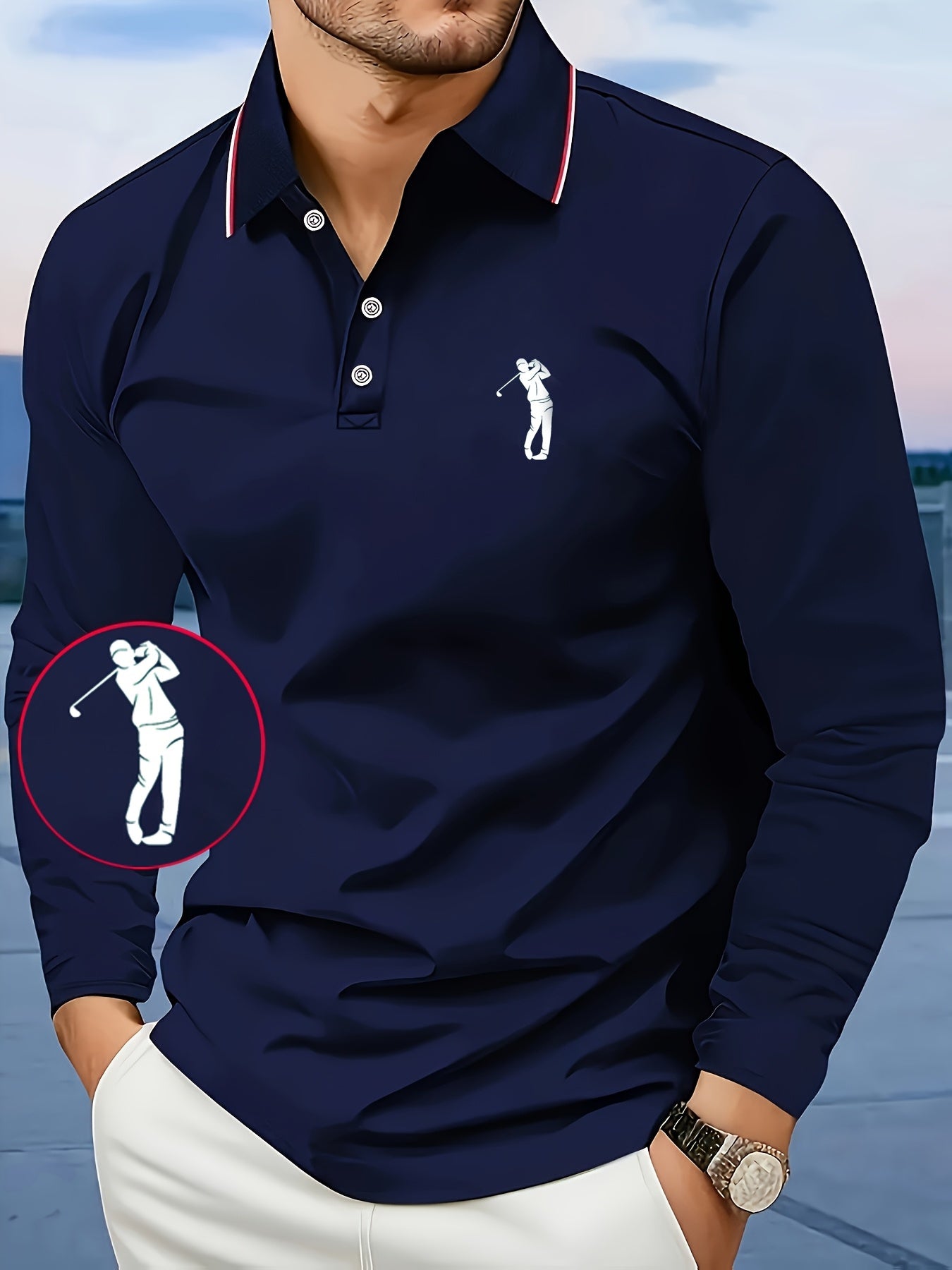 Men's -Inspired Long Sleeve Dress Shirt - Bright Blue with White Player Print & Red/White Striped Collar, Breathable Slim Fit, Machine Washable, All-Season Casual & Semi-Formal Wear with Swing Button Placket - Ideal for Outin