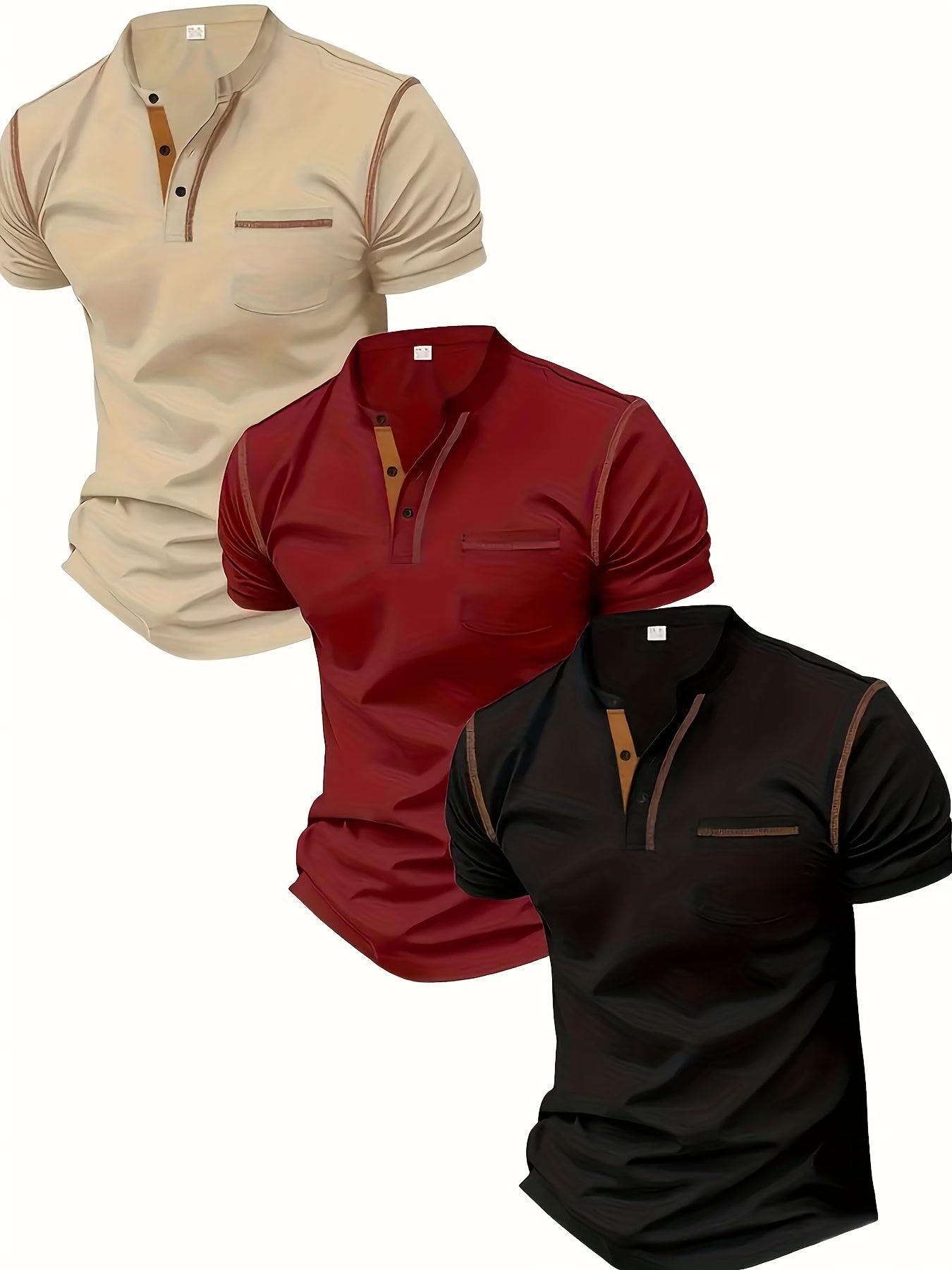 3pcs Men's Slim-Fit Golf & Tennis Shirts Breathable Stretchy Short Sleeve Contrast Collar All-Season Non-Sheer Sportswear Set
