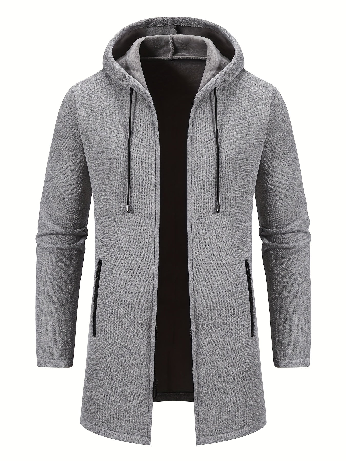 Men'S Fleece-Like Warmth Hooded Cardigan Jacket - Mid-Length Zipper Front Windbreaker Coat with Full-Zip Closure, Loose Fit Long Sleeve Winter Outerwear, Polyester Shell & Pockets for Casual & Semi-Formal Outfits (Autumn/Wint