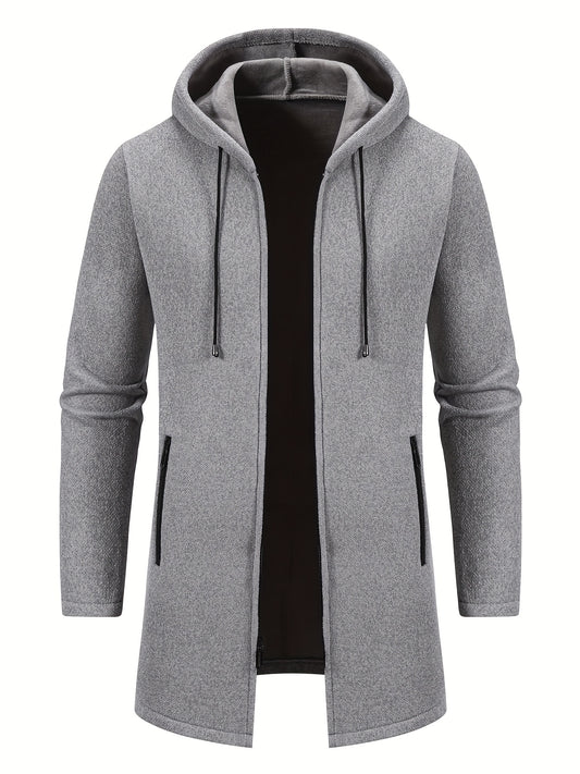 Men'S Fleece-Like Warmth Hooded Cardigan Jacket - Mid-Length Zipper Front Windbreaker Coat with Full-Zip Closure, Loose Fit Long Sleeve Winter Outerwear, Polyester Shell & Pockets for Casual & Semi-Formal Outfits (Autumn/Wint