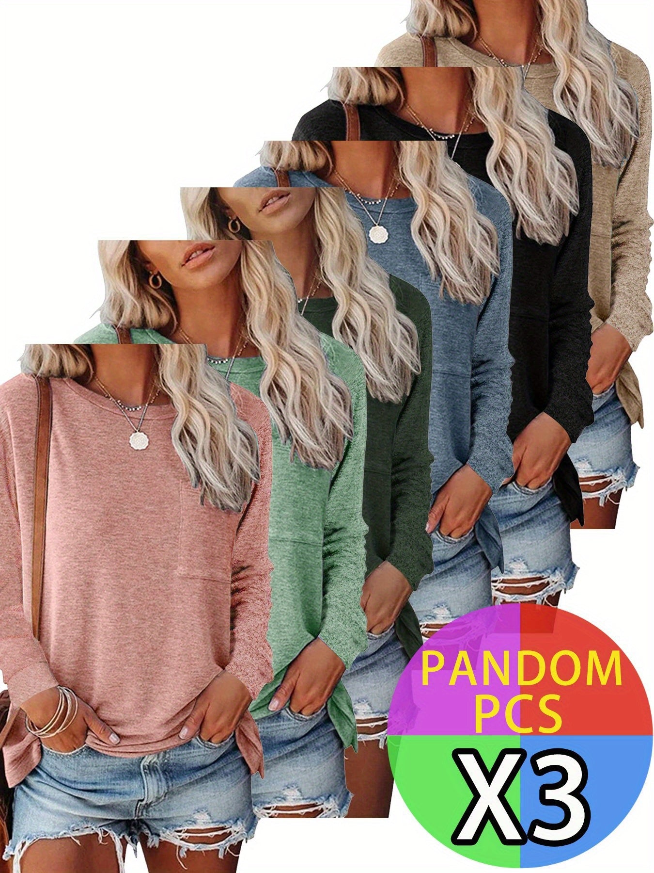 3pcs Women'S Soft Long Sleeve T-Shirts with Chest Pocket & Hem Slit - Tightened Cuffs, Round Neck, 3 Random Colors (Green/Navy) - Versatile Casual & Semi-Formal Tops for Commuting, Office & Casual Attire - Breathable Comforta