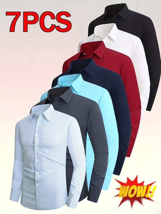 7pcs Set Men's Wrinkle-Resistant Non-Iron Shirts - Heavy-Duty Stretch Fabric Dress Shirts (, White, Black, Burgundy) - All-Season Office, Business & Casual Wear - Tummy Control Collared Button-Up Long Sleeve Button-