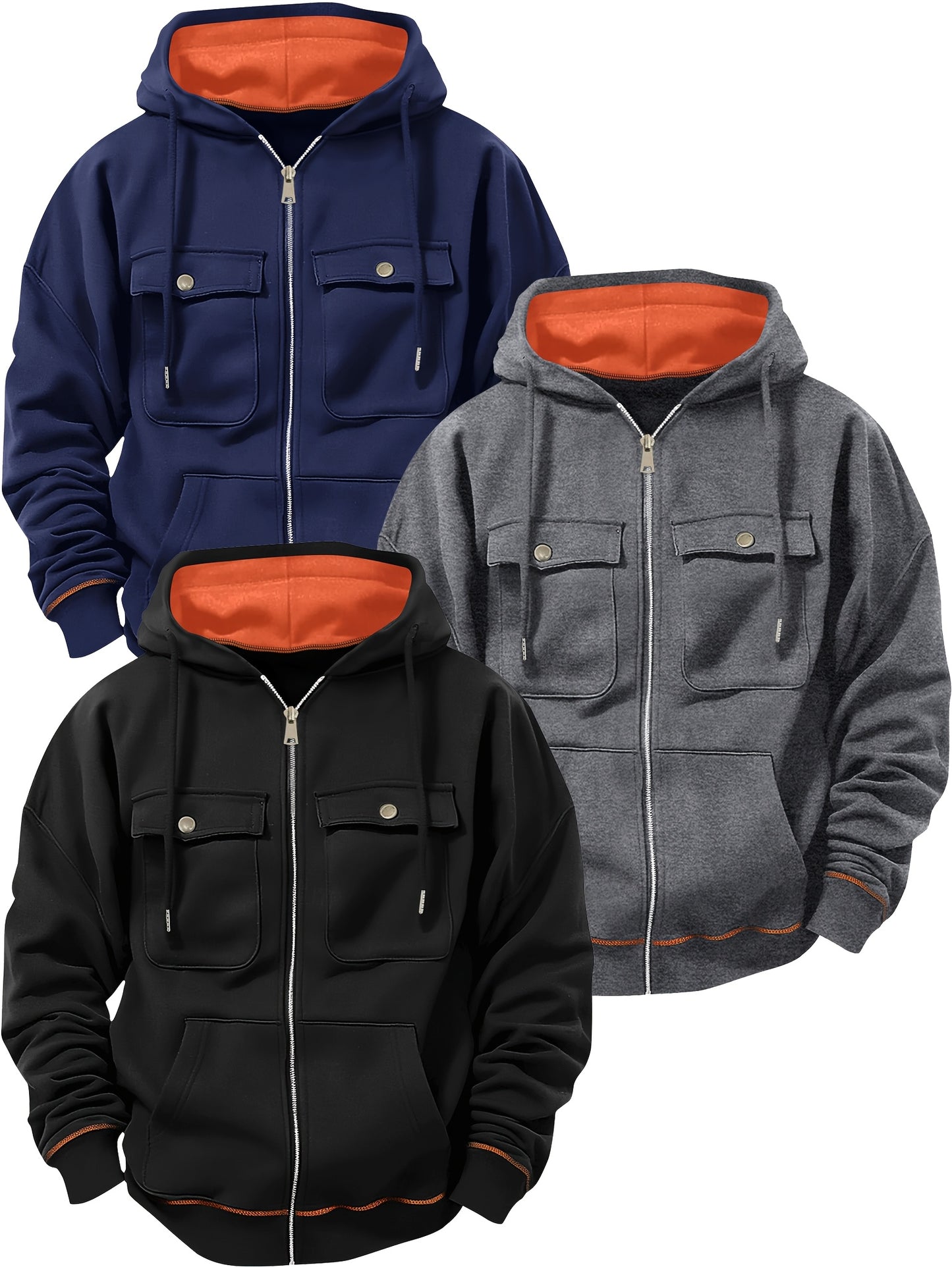 (Three-piece Set) Men's Fashion Classic Casual Trend Fitness Multi-pocket Hooded Drawstring Solid Color Zipper Cardigan Sweatshirt Three-piece Set
