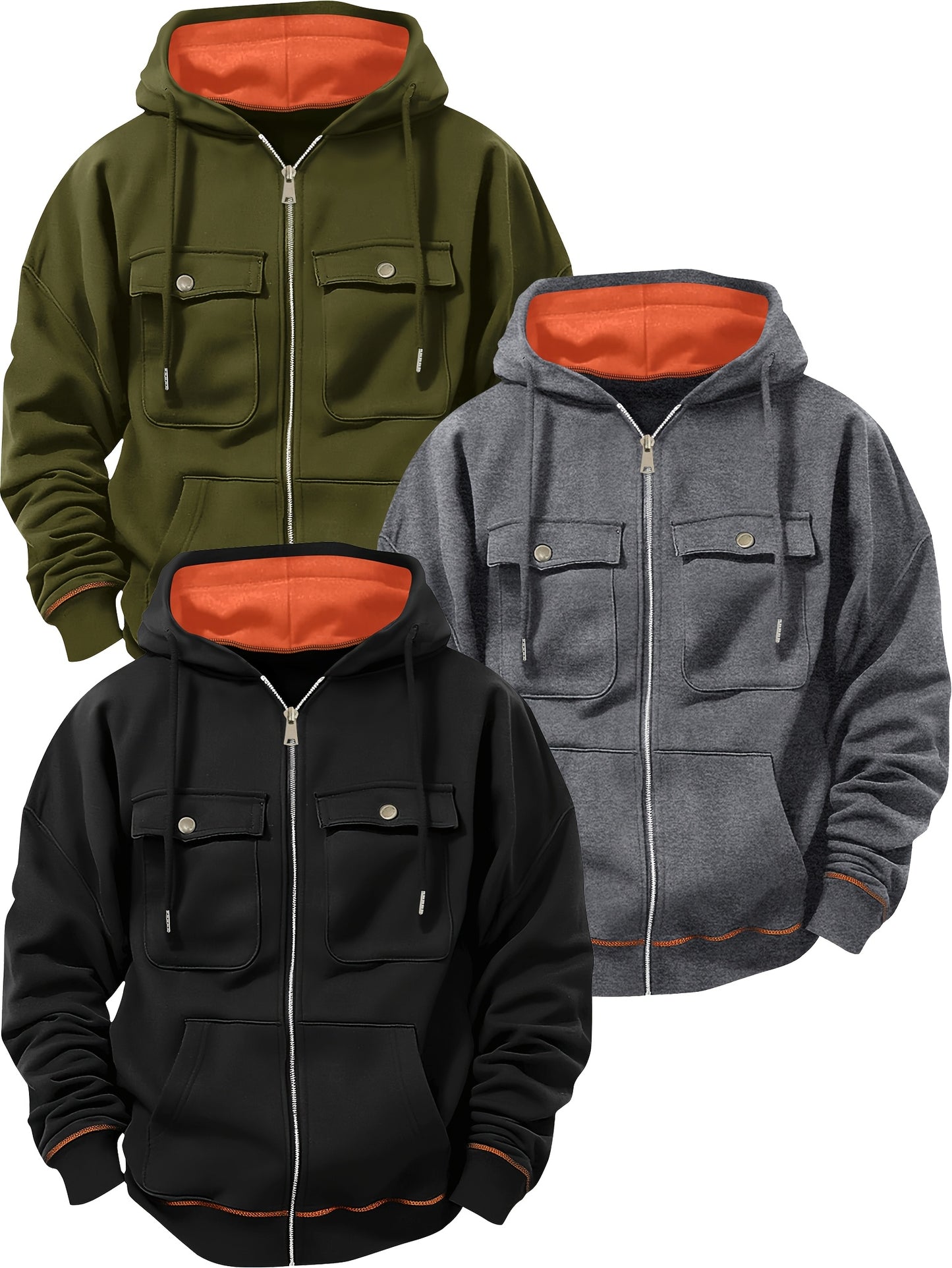 (Three-piece Set) Men's Fashion Classic Casual Trend Fitness Multi-pocket Hooded Drawstring Solid Color Zipper Cardigan Sweatshirt Three-piece Set