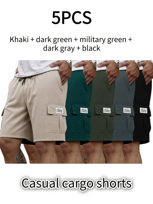 5pcs Set Of Men'S Shorts, Casual Loose-fitting Shorts, Summer Knee-length Pants, Trendy Straight-leg Casual Knee-length Shorts, Basketball Shorts, Summer Men'S Multi-pocket Waist Drawstring Adjustable Durable Casual Work Shor