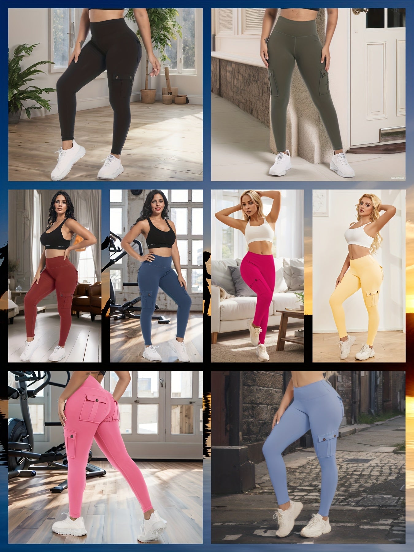 8-pack High Waist Yoga Leggings, 8pcs Leggings Set, 4 Way Stretch, Butt Lifting Tummy Control, 4 Button Pockets Workout Running Sports Pants