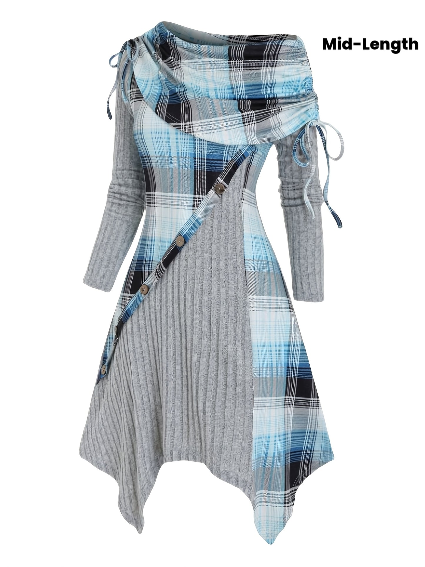 Women'S Oblique Collar Folded Tightened Plaid Stitching Hem Mid-length Long-sleeved Dress