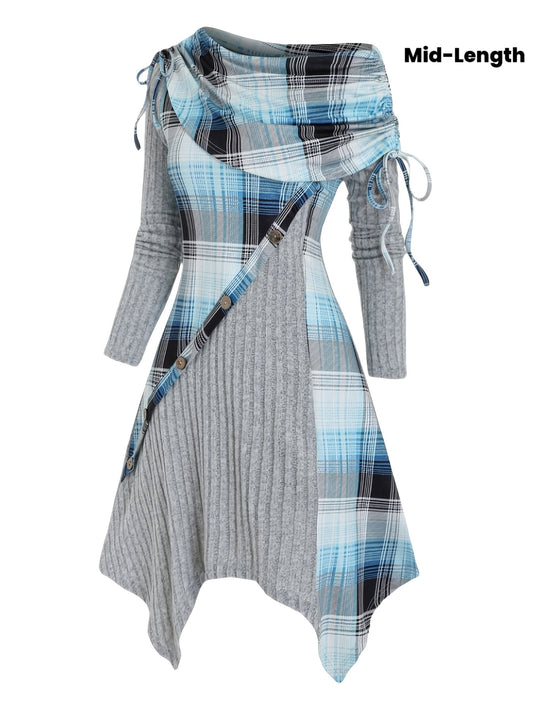 Women'S Oblique Collar Folded Tightened Plaid Stitching Hem Mid-length Long-sleeved Dress
