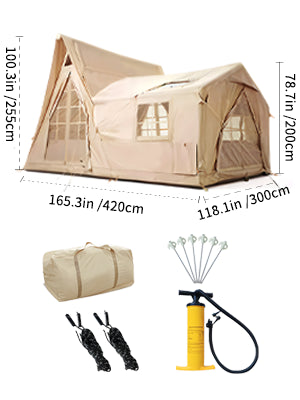 Large Inflatable Tent 135 SQFT for 8 to 10 Person Four Season Waterproof Quick Setup Cabin Tent with Reflective Mylar 600D Oxford Material