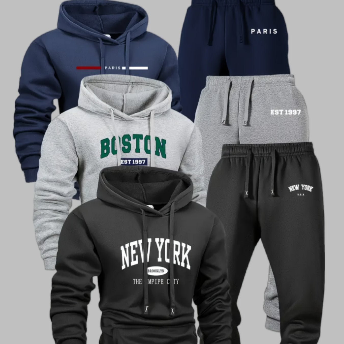 6pcs Men's Sportswear And Pants Set, Fashionable Street Style City Name Printed Sportswear for Autumn And Winter Outdoor Fitness Jogging Casual Wear, Soft, Warm And Comfortable Hooded Shirt And Pants|Men's Set.