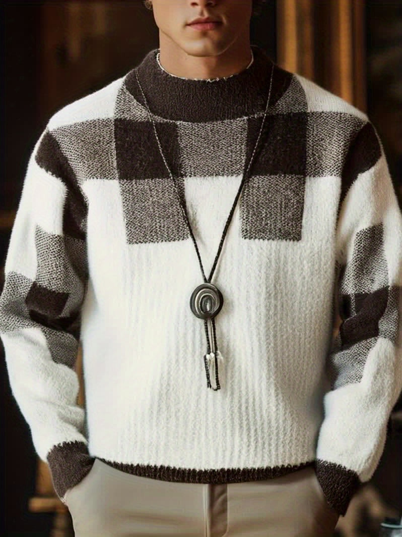 Men's Slim Fit Winter Warm Plaid Sweater - Thick Knit Round Neck Long Sleeve, Black White Gray Brown Beige Checkered Pattern, Casual to Formal Outfits, Durable Cozy Sweater for Men, Trendy Layering Piece with Color-Blocked De