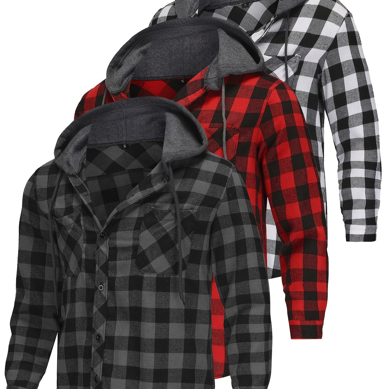 Black/Red/Blue 3 Pack Men's Flannel Hoodie Shirts - Casual Button- Long Sleeve Hooded Jackets with Pockets, Machine Washable, Regular Fit, Solid Color, Everyday Comfort Apparel, Plaid Pattern Design, Nonstretch Fabric