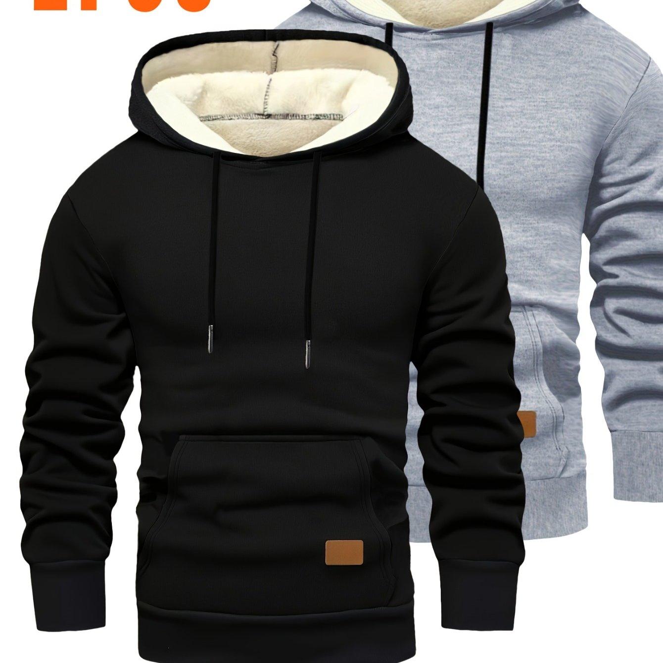 2pcs Men'S Hooded Sweaters - Pullover Hoodies with Kangaroo Pocket, Machine Washable Loose Fit Casual & Formal Wear, Black & Grey/White Solid Color Layering Essentials for Autumn/Winter, Warm Full-Zip Hooded Sweater for Daily