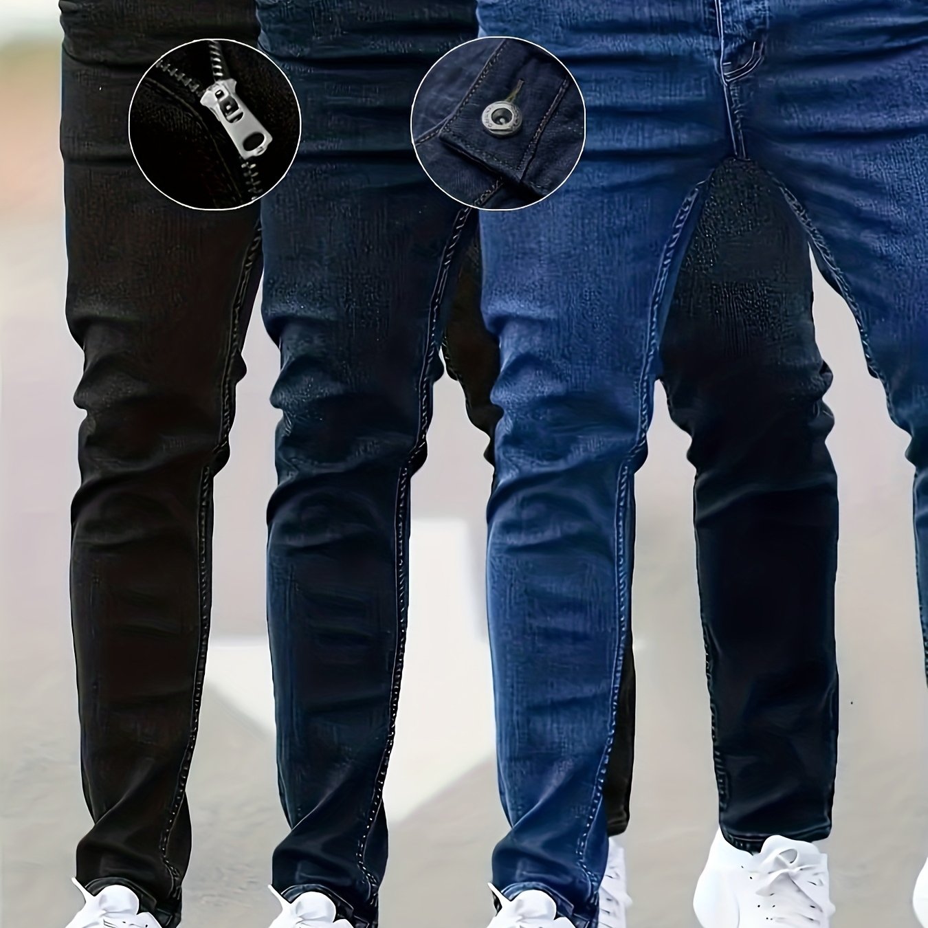 3 Packs - Cost-effective Men's Jeans - Street Style Trendy Slim Fit Men's Jeans - Wearable In All Seasons, Casual Wear Bottoms, Daily Outfit Essential, Regular Length Jeans, Solid Color Jeans, Street Style Enthusiasts, Budget