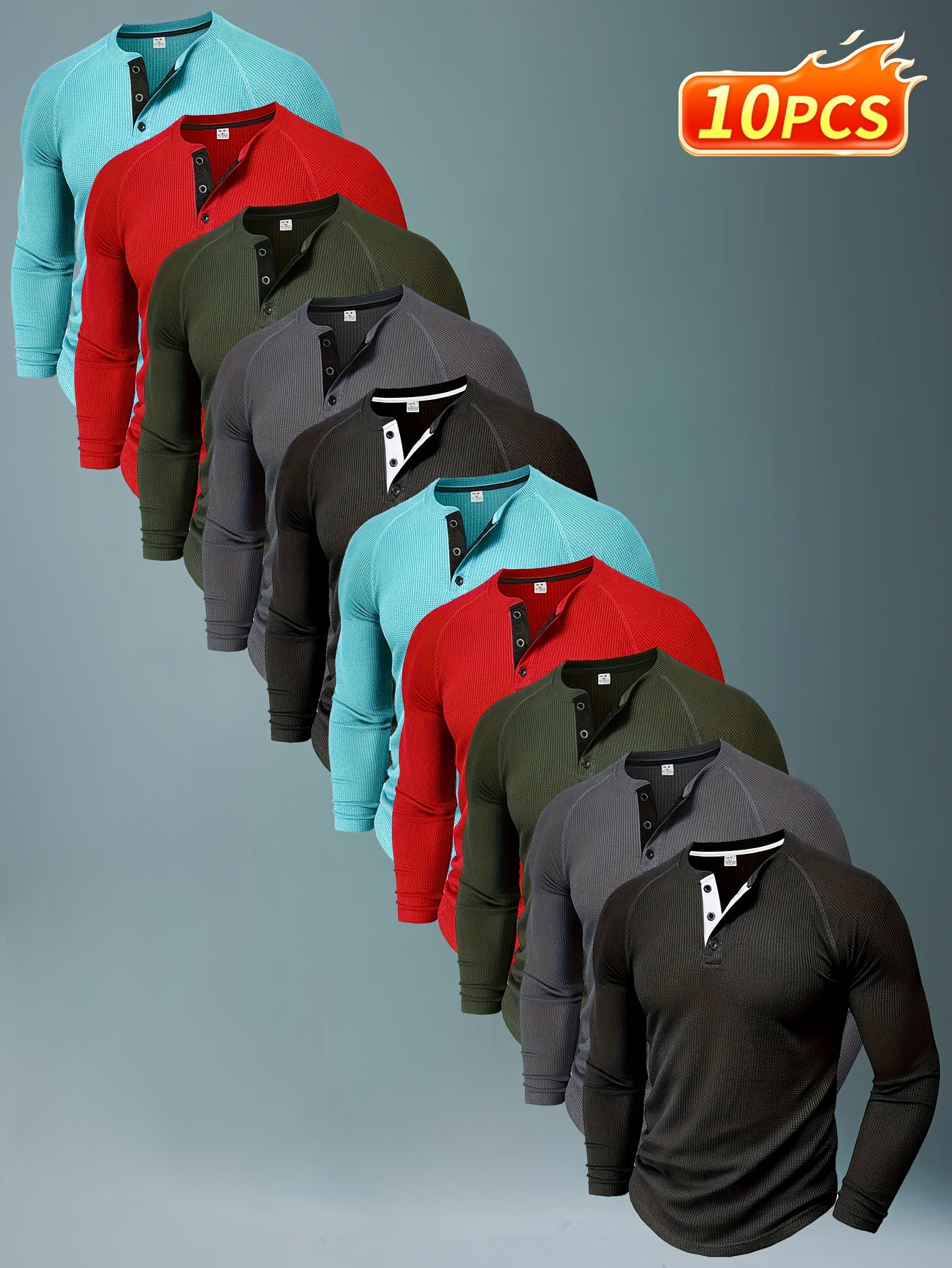 10pcs Men'S Solid Color Henry Shirt with Round Neck And Half Button, Long Sleeve for Spring And Autumn Outdoor Activities ZLT805, Outdoor Clothing, Casual Wear, Classic Collar, Relaxed Fit, Breathable Fabric, Easy Care, Butto