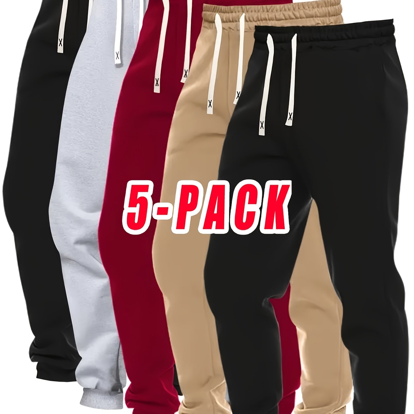 5pcs Men'S Jogger Pants - Elastic Drawstring Waist Gym Running Pants, Loose Fit Casual Trousers with Pocket - Black/Red/Beige/White/ - Autumn Workout & Everyday Streetwear for Men, Jogging Pants, Outdoor Activewear, Sporty De