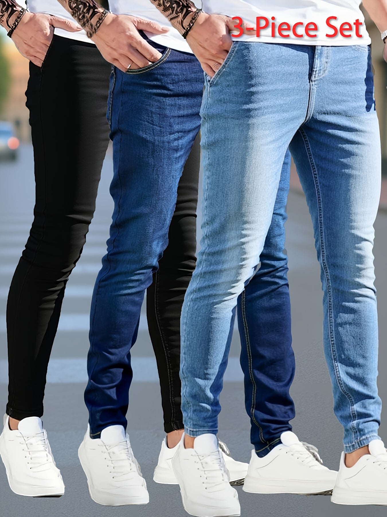 3 Packs - Fashionable Men's Slim Jeans - Stretch Jeans for Men - Classic And Versatile for All Seasons, Allseason Pants, Casual Wear, Slimfit Trousers, Timeless Design, Comfortable Fit, Midstretch Fabric, Office Casual, Stree