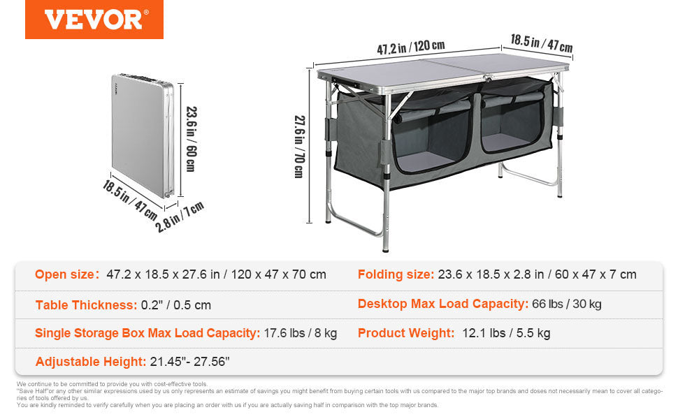 VEVOR Foldable Camping Outdoor Kitchen Table Cabinet Aluminum Alloy BBQ Picnic Cooking Storage Rack with X-Shaped Bracket