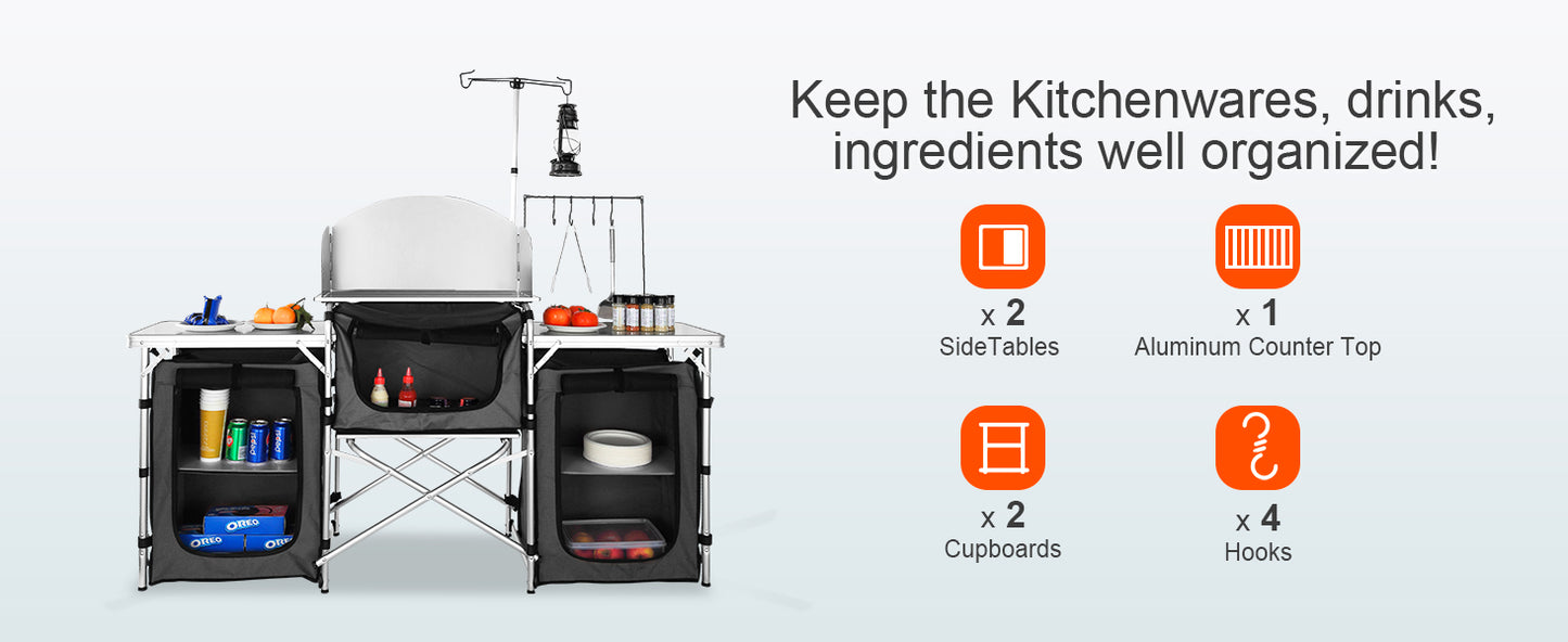 VEVOR Foldable Camping Outdoor Kitchen Table Cabinet Aluminum Alloy BBQ Picnic Cooking Storage Rack with X-Shaped Bracket