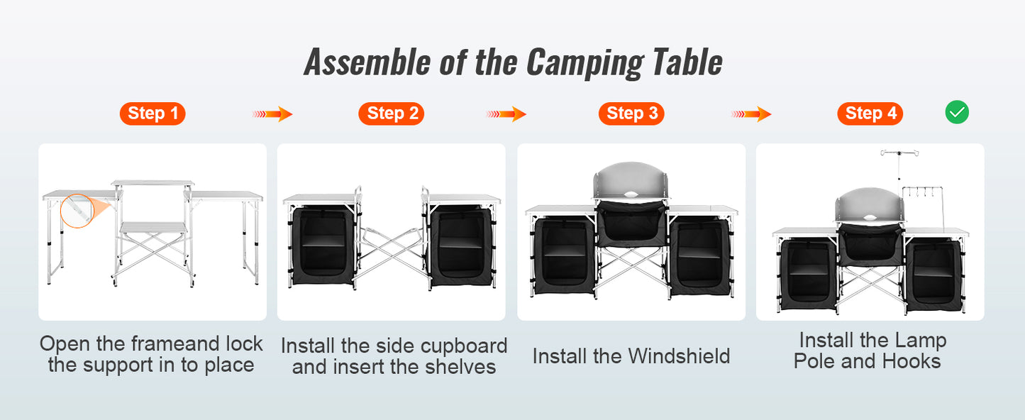 VEVOR Foldable Camping Outdoor Kitchen Table Cabinet Aluminum Alloy BBQ Picnic Cooking Storage Rack with X-Shaped Bracket