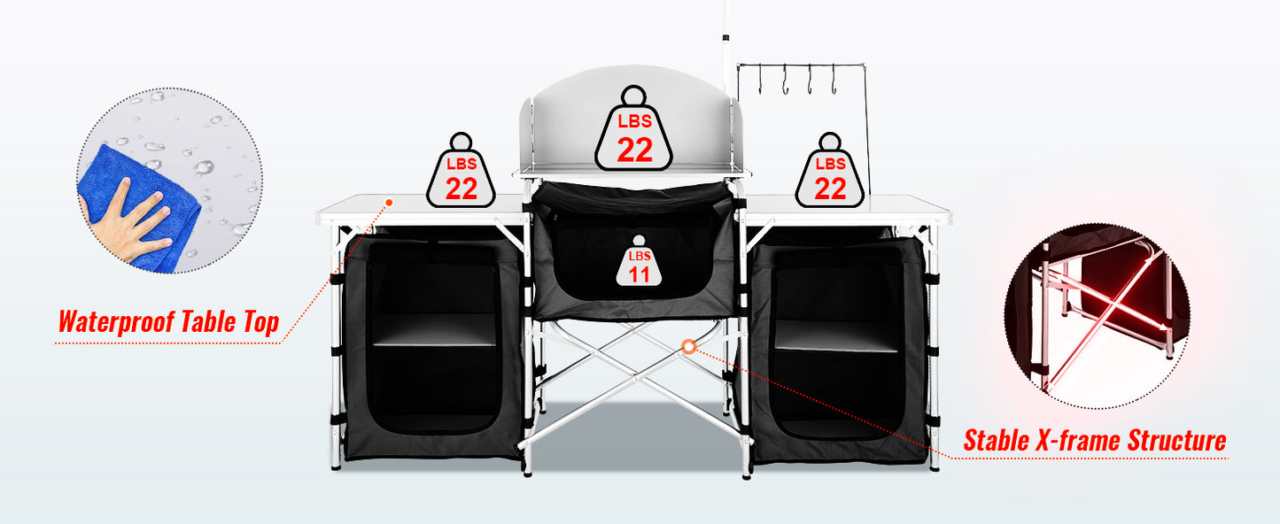 VEVOR Foldable Camping Outdoor Kitchen Table Cabinet Aluminum Alloy BBQ Picnic Cooking Storage Rack with X-Shaped Bracket