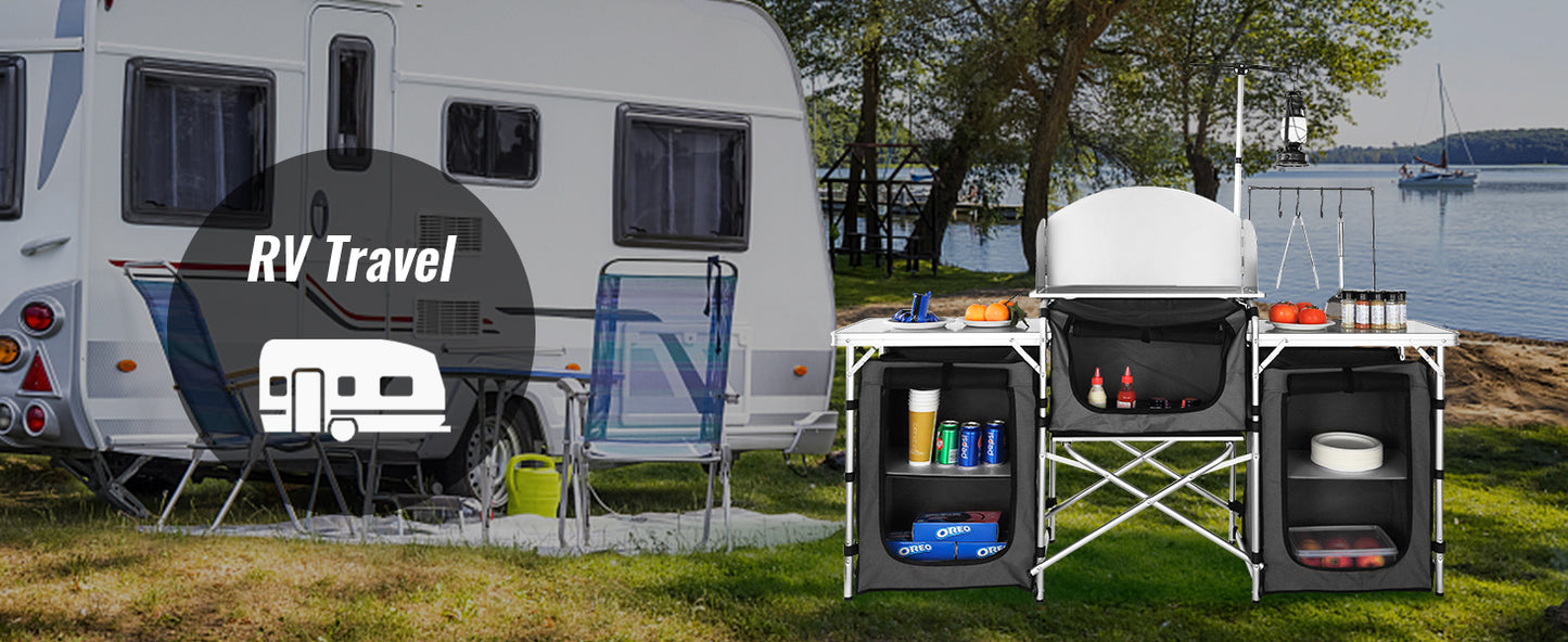 VEVOR Foldable Camping Outdoor Kitchen Table Cabinet Aluminum Alloy BBQ Picnic Cooking Storage Rack with X-Shaped Bracket