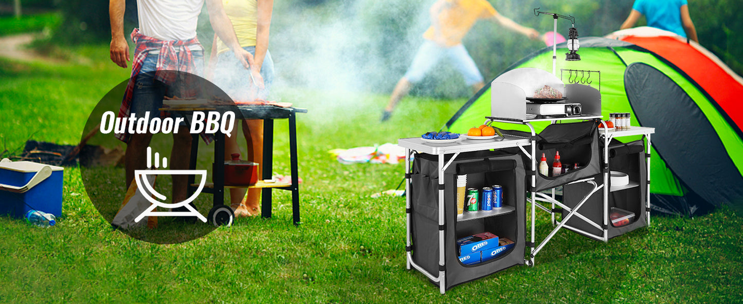 VEVOR Foldable Camping Outdoor Kitchen Table Cabinet Aluminum Alloy BBQ Picnic Cooking Storage Rack with X-Shaped Bracket