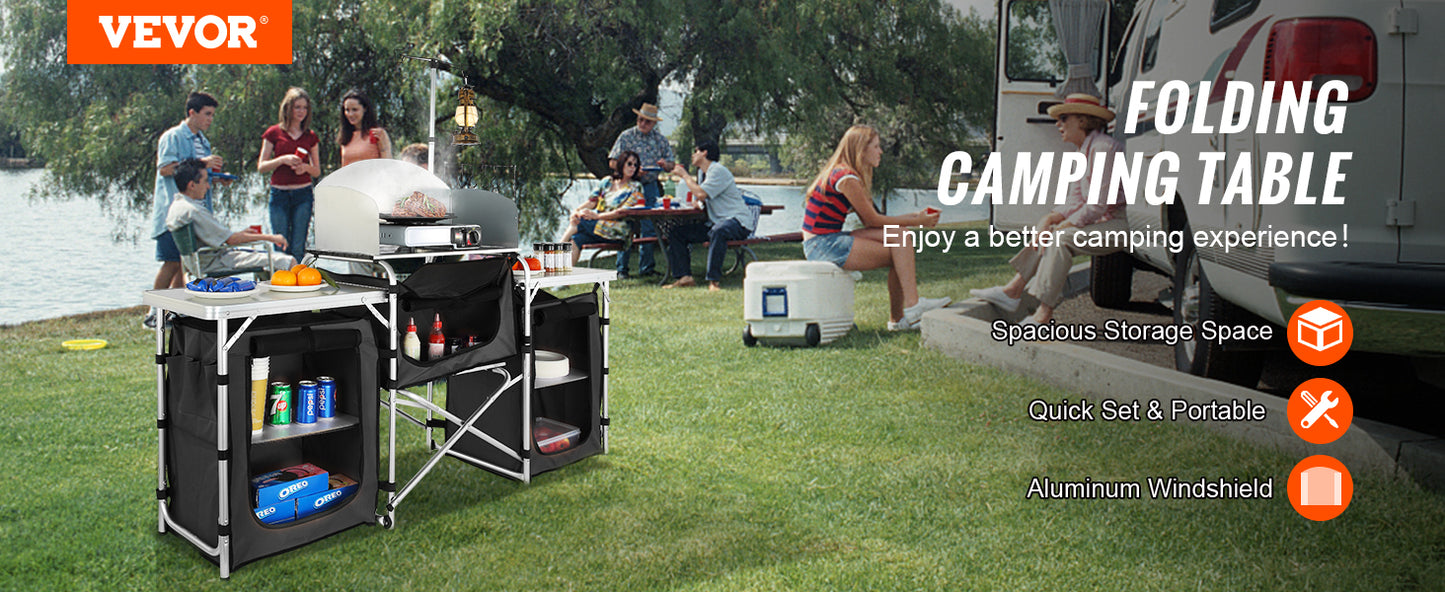 VEVOR Foldable Camping Outdoor Kitchen Table Cabinet Aluminum Alloy BBQ Picnic Cooking Storage Rack with X-Shaped Bracket