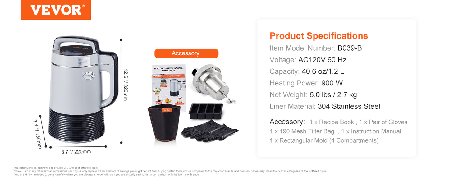 VEVOR Butter Maker Machine with Herbal Infuser Oil Infusion Magic Butter Machine Customizable Temperature 40.6oz Capacity 900W Power