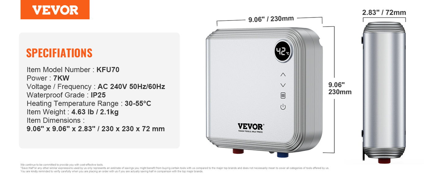 VEVOR 7KW Tankless Electric Water Heater On-Demand Instant under Sink Boiler for Kitchen Bathroom Faucet And Shower