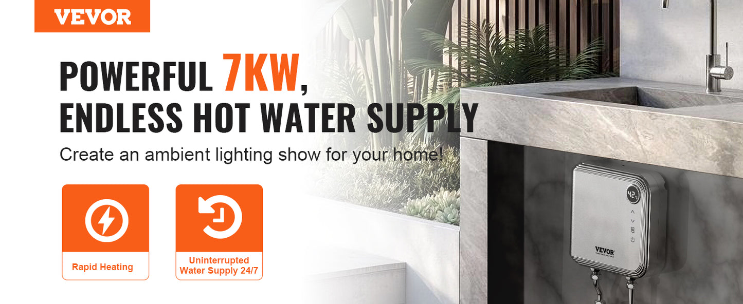 VEVOR 7KW Tankless Electric Water Heater On-Demand Instant under Sink Boiler for Kitchen Bathroom Faucet And Shower