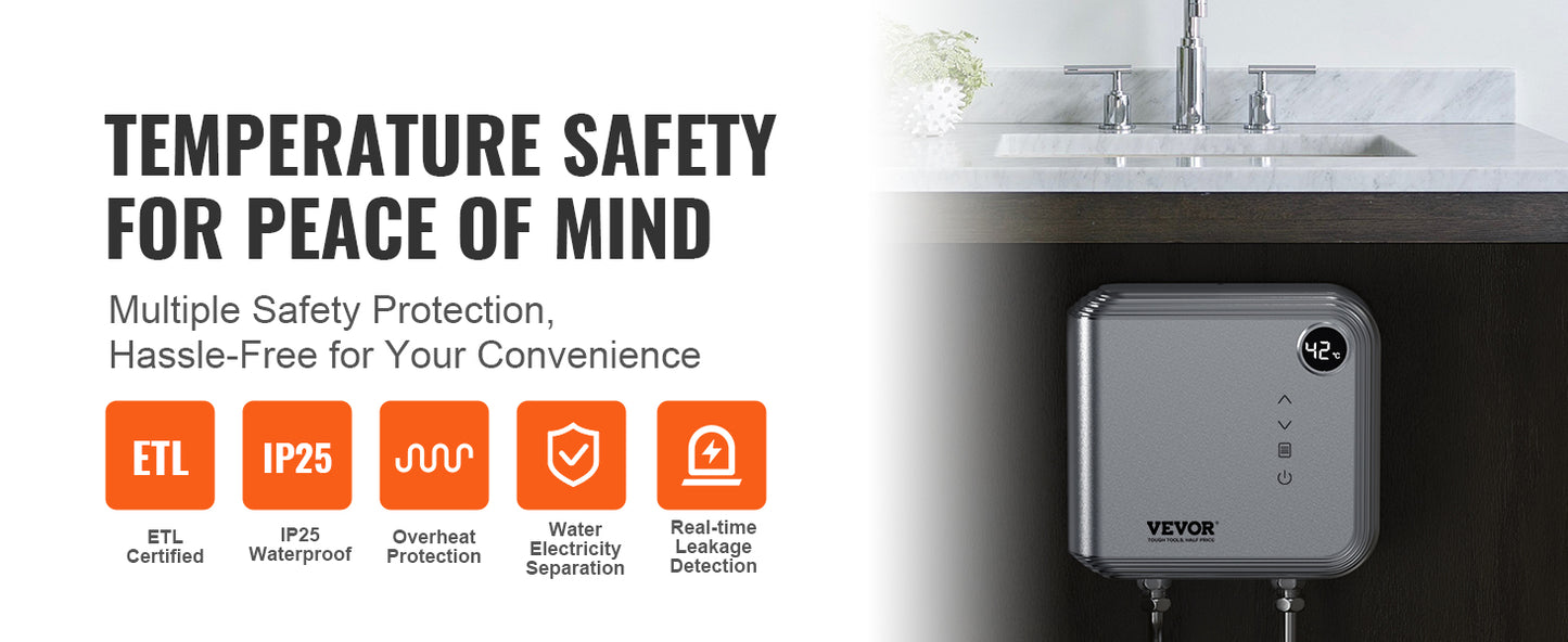 VEVOR 7KW Tankless Electric Water Heater On-Demand Instant under Sink Boiler for Kitchen Bathroom Faucet And Shower