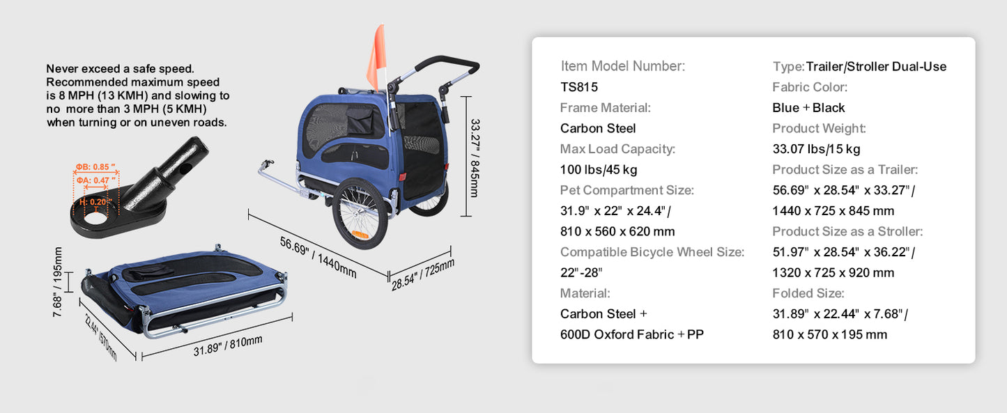 SucceBuy 100 lbs Dog Bike Trailer 2-in-1 Pet Stroller Cart Bicycle Carrier with Wheels Coupler Reflectors Flag for Dogs Travel