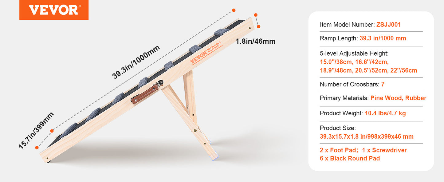 VEVOR Adjustable Dog Ramp Folding Anti-slip Wooden Pet Stairs for Small Old Dogs Easy Climbing Ramp for Sofa Car Bed