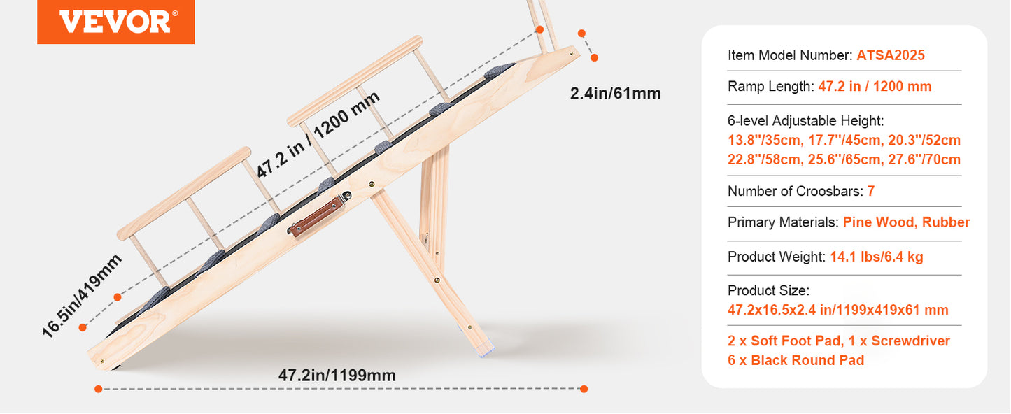 VEVOR Adjustable Dog Ramp Folding Anti-slip Wooden Pet Stairs for Small Old Dogs Easy Climbing Ramp for Sofa Car Bed
